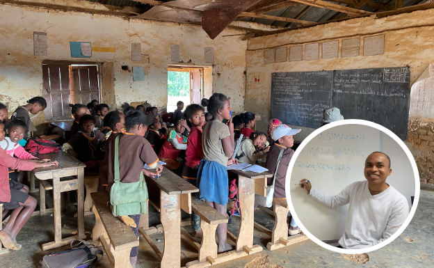 Colegio de Didy, en Madagascar; y Roger Ianjamasimanana, en su despacho del Instituto de Astrofísica de Andalucía./R. I. y PEPE MARÍN